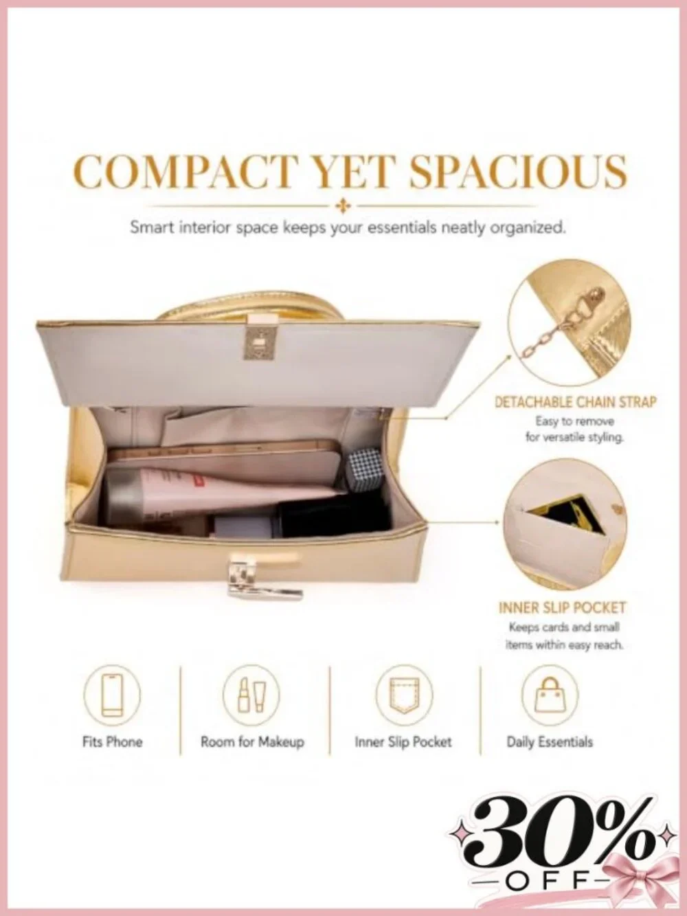 PU Leather Evening Clutch Top Handle Purse with Gold Metal Clasp Detachable